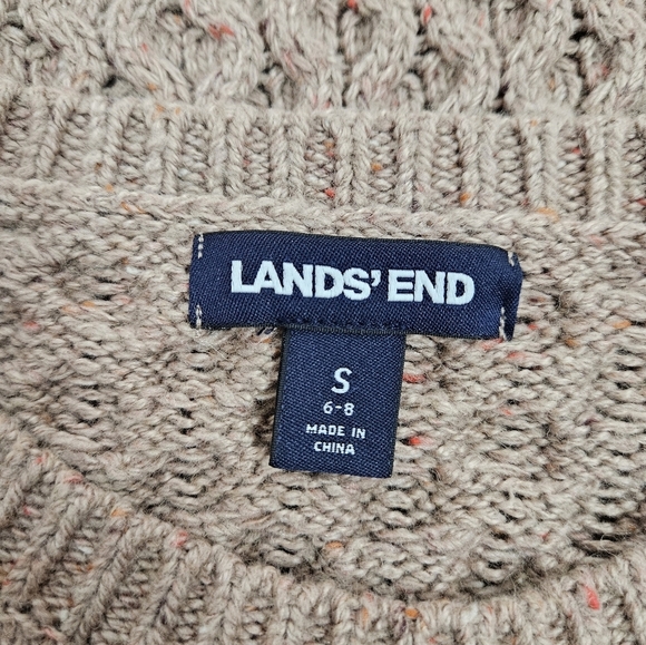 Lands' End Neutral Tan Wool Blend Cable Knit Donegal Sweater Size Small S42 - Picture 7 of 8